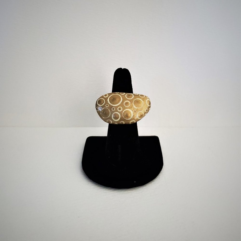 Hand Painted Dot Art Gold and Ivory Statement Ring, Cocktail Ring